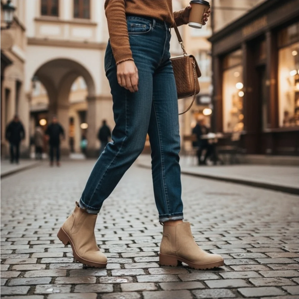 Sun + Stone Faux Microsuede Chelsea Zip On Lug Boots Booties 7.5 M Desert Beige